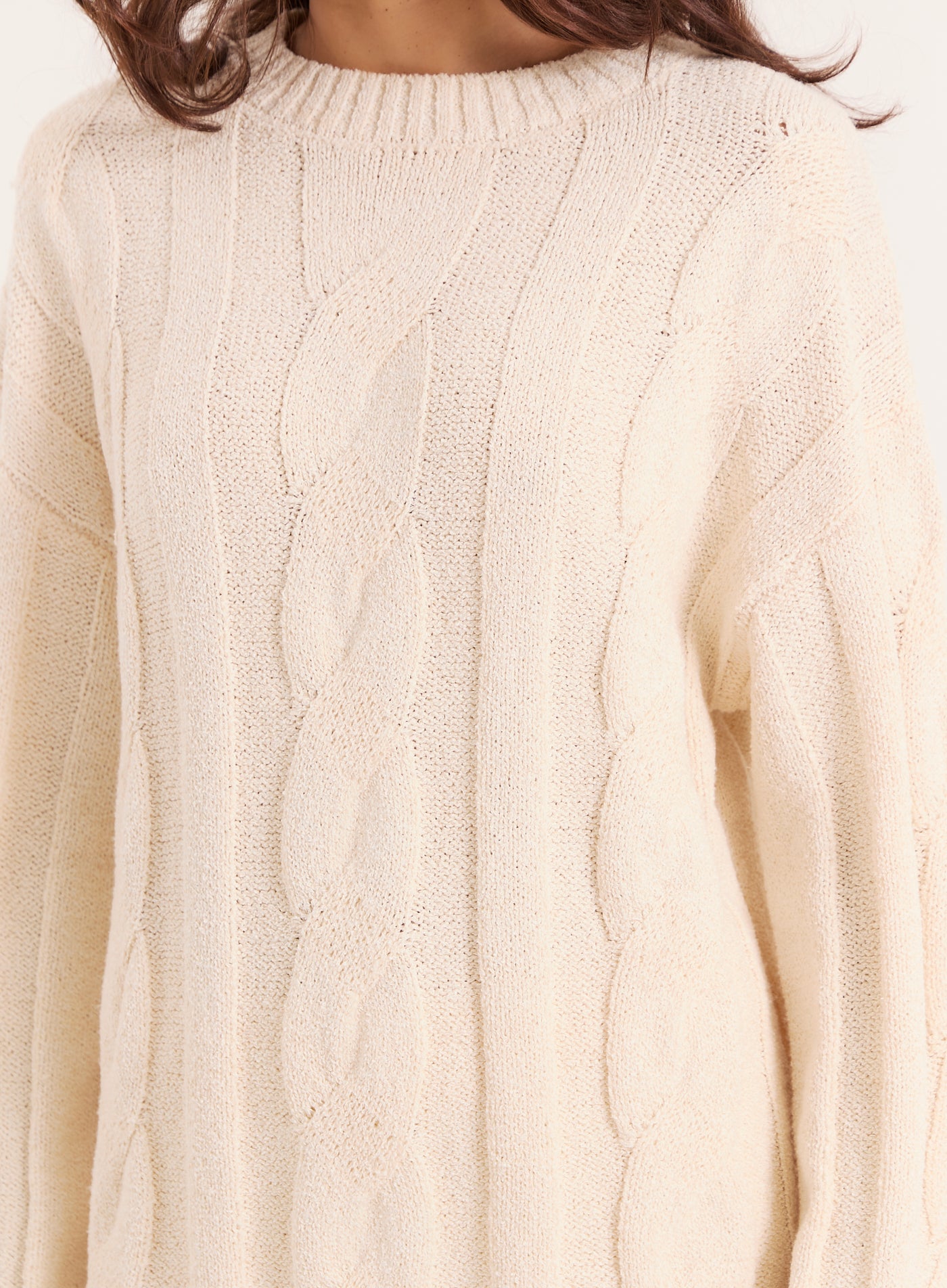 Ecru Fine Cable Knit Long Sleeve Jumper